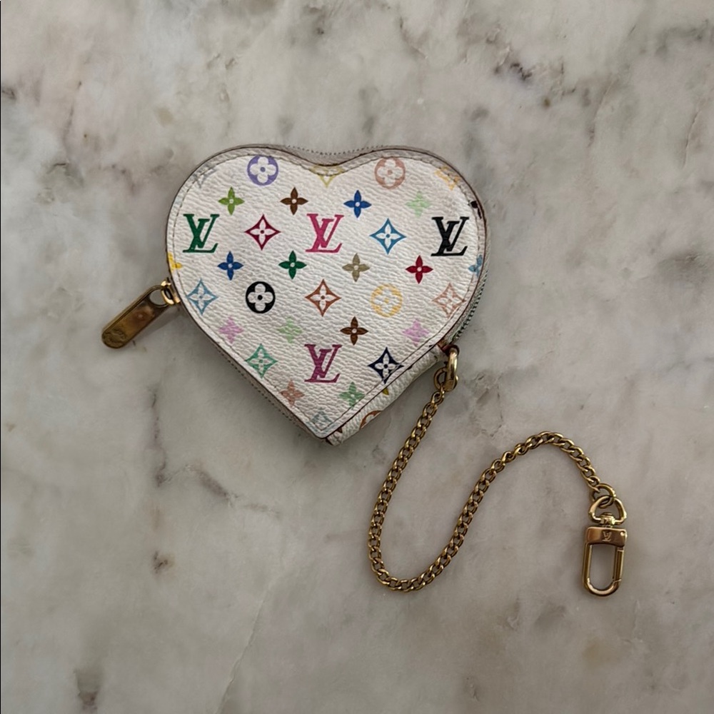 Vintage Louis Vuitton x Murakami White Multicolor Monogram Heart Pouch Keychain